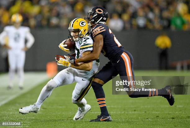 Kyle Fuller of the Chicago Bears tackles Jordy Nelson of the Green Bay Packers in the third quarter at Lambeau Field on September 28, 2017 in Green...