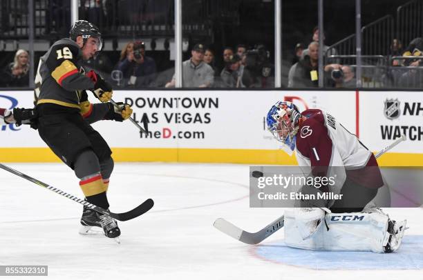 Semyon Varlamov of the Colorado Avalanche blocks a shot by Reilly Smith of the Vegas Golden Knights during the second period of their preseason game...