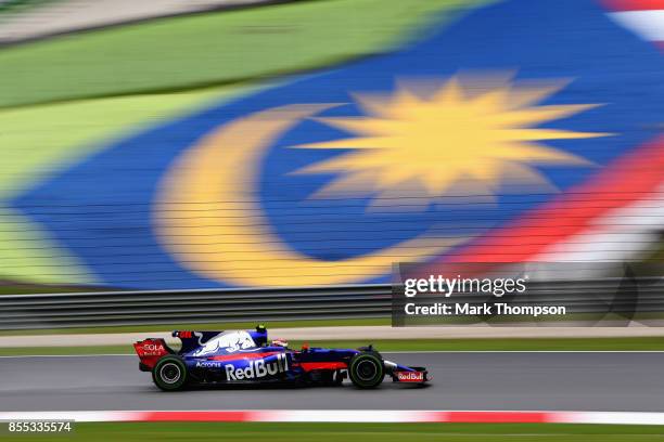 Sean Gelael of Indonesia driving the Scuderia Toro Rosso STR12 on track during practice for the Malaysia Formula One Grand Prix at Sepang Circuit on...