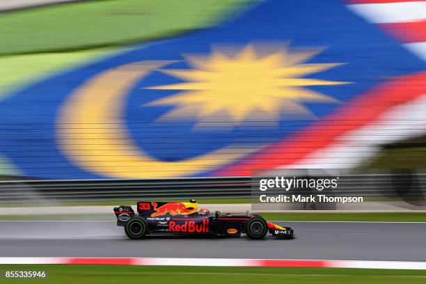 Max Verstappen of the Netherlands driving the Red Bull Racing Red Bull-TAG Heuer RB13 TAG Heuer on track during practice for the Malaysia Formula One...