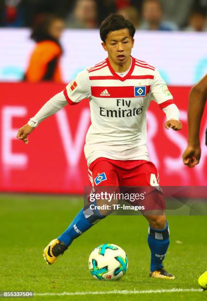 Tatsuya Ito of Hamburg controls the ball during the Bundesliga match between Bayer 04 Leverkusen and Hamburger SV at BayArena on September 24, 2017...