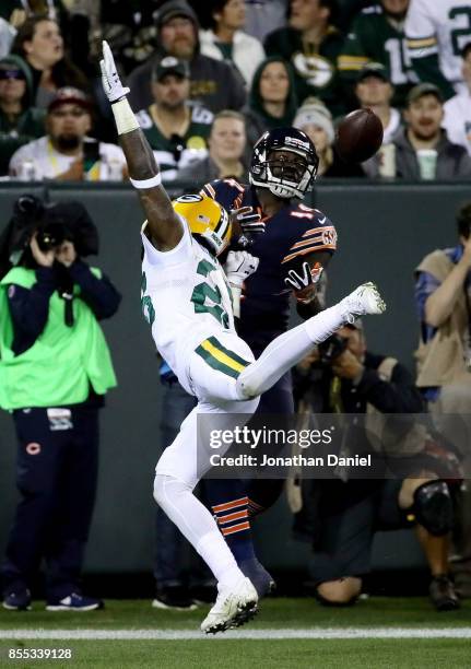 Josh Hawkins of the Green Bay Packers breaks up a pass intended for Deonte Thompson of the Chicago Bears in the third quarter at Lambeau Field on...