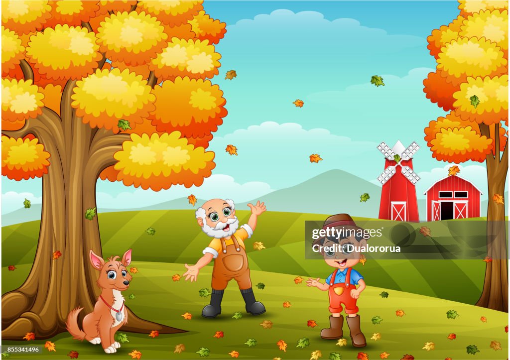 Dibujos Animados Feliz Granjero Viejo Y Pequeño Agricultor Con Su Perro En  El Patio De La Granja Ilustración de stock - Getty Images