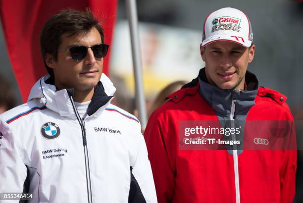 Bruno Sprengler and Loic Duval looks on drives during the Qualifying race of the DTM 2017 German Touring Car Championship at Nuerburgring on...