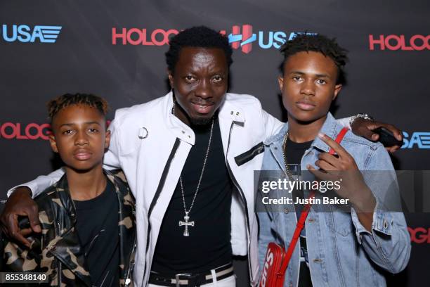 Mandla Morris, Michael Blackson, and Kailand Morris attend Hologram USA's Gala Preview at Hologram USA Theater on September 28, 2017 in Los Angeles,...