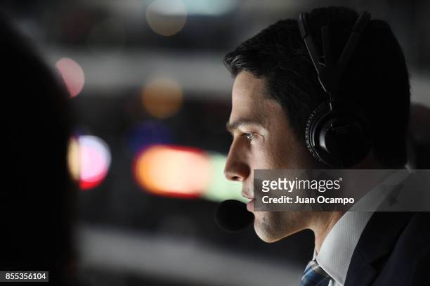 Alex Faust makes his debut as the Los Angeles Kings TV Play-by-Play Announcer during a game between the Arizona Coyotes and the Los Angeles Kings at...
