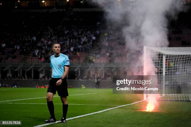 Smoke bomb thrown by the fans of HNK Rijeka during the UEFA Europa League Group D match between AC Milan and HNK Rijeka. AC Milan wins 3-2 over HNK...