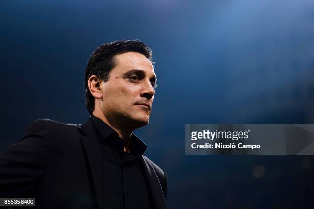 Vincenzo Montella, head coach of AC Milan, looks on prior to the UEFA Europa League Group D match between AC Milan and HNK Rijeka. AC Milan wins 3-2...