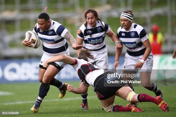 Mele Hufanga of Auckland is tackled during the round five Farah Palmer Cup match between North Harbour and Auckland at QBE Stadium on September 29,...
