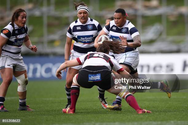 Mele Hufanga of Auckland is tackled during the round five Farah Palmer Cup match between North Harbour and Auckland at QBE Stadium on September 29,...