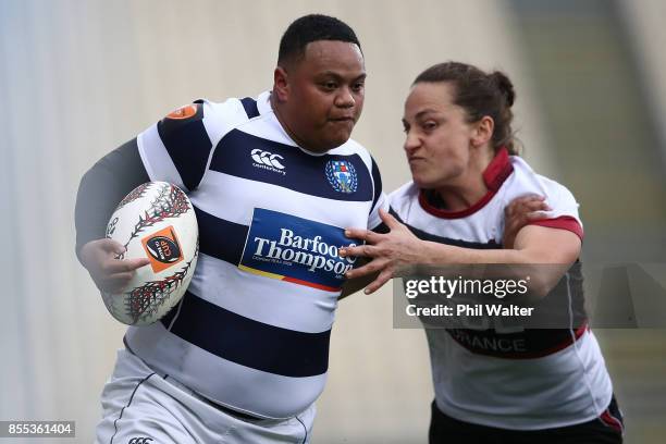 Mele Hufanga of Auckland is tackled during the round five Farah Palmer Cup match between North Harbour and Auckland at QBE Stadium on September 29,...