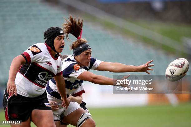 Leanne Thompson of Auckland is tackled during the round five Farah Palmer Cup match between North Harbour and Auckland at QBE Stadium on September...