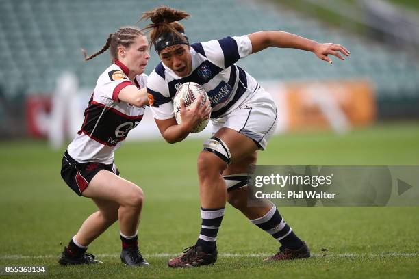 Leanne Thompson of Auckland is tackled during the round five Farah Palmer Cup match between North Harbour and Auckland at QBE Stadium on September...