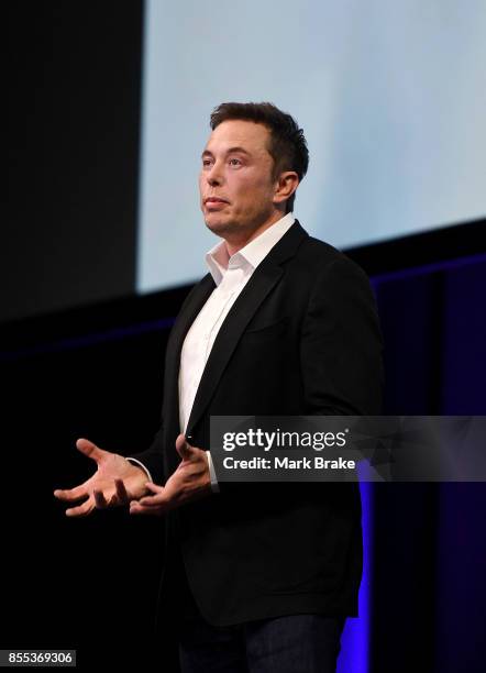 SpaceX CEO Elon Musk speaks at the International Astronautical Congress on September 29, 2017 in Adelaide, Australia. Musk detailed the long-term...