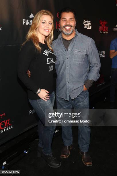 Sal Velez Jr. And guest attend the Queen Mary's Dark Harbor Media & VIP Preview Event on September 28, 2017 in Long Beach, California.