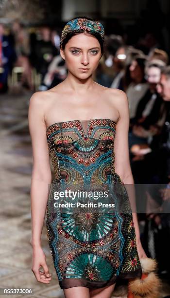 Model walks runway for the Dennis Basso Spring/Summer 2018 runway show during New York Fashion Week at Plaza Hotel - Grand Ballroom, Manhattan.