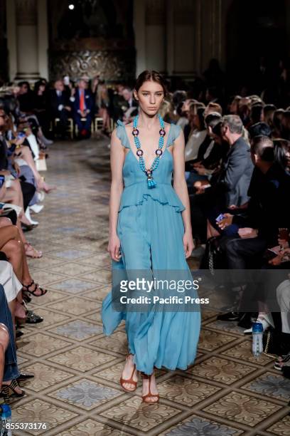 Model walks runway for the Dennis Basso Spring/Summer 2018 runway show during New York Fashion Week at Plaza Hotel - Grand Ballroom, Manhattan.