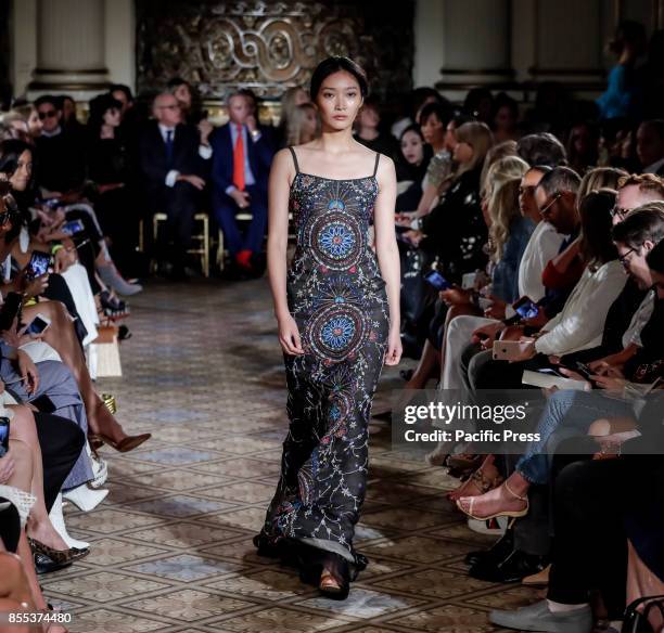 Model walks runway for the Dennis Basso Spring/Summer 2018 runway show during New York Fashion Week at Plaza Hotel - Grand Ballroom, Manhattan.