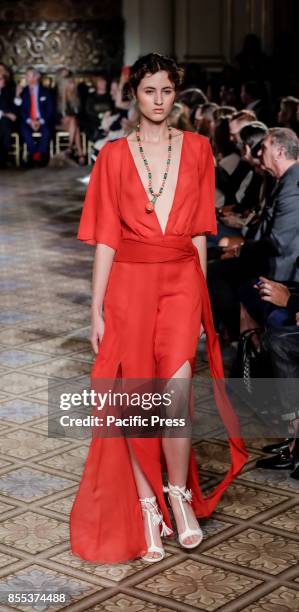 Model walks runway for the Dennis Basso Spring/Summer 2018 runway show during New York Fashion Week at Plaza Hotel - Grand Ballroom, Manhattan.