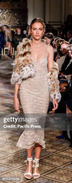 Model walks runway for the Dennis Basso Spring/Summer 2018 runway show during New York Fashion Week at Plaza Hotel - Grand Ballroom, Manhattan.