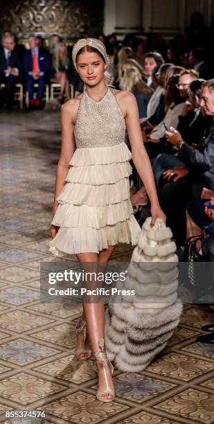 Model walks runway for the Dennis Basso Spring/Summer 2018 runway show during New York Fashion Week at Plaza Hotel - Grand Ballroom, Manhattan.