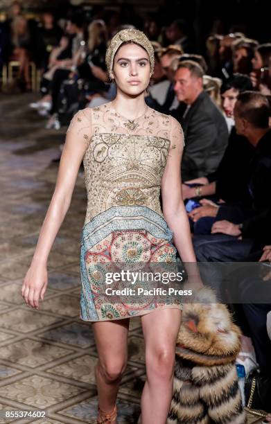 Model walks runway for the Dennis Basso Spring/Summer 2018 runway show during New York Fashion Week at Plaza Hotel - Grand Ballroom, Manhattan.