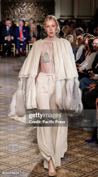 Model walks runway for the Dennis Basso Spring/Summer 2018 runway show during New York Fashion Week at Plaza Hotel - Grand Ballroom, Manhattan.