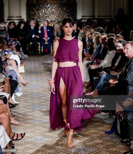 Model walks runway for the Dennis Basso Spring/Summer 2018 runway show during New York Fashion Week at Plaza Hotel - Grand Ballroom, Manhattan.