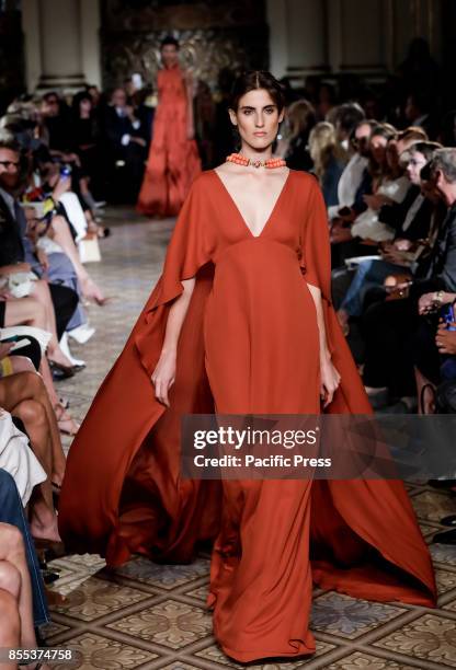 Model walks runway for the Dennis Basso Spring/Summer 2018 runway show during New York Fashion Week at Plaza Hotel - Grand Ballroom, Manhattan.