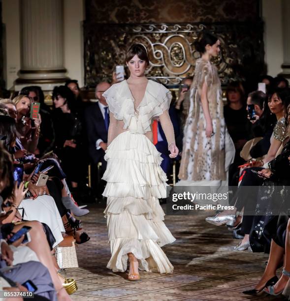 Model walks runway for the Dennis Basso Spring/Summer 2018 runway show during New York Fashion Week at Plaza Hotel - Grand Ballroom, Manhattan.