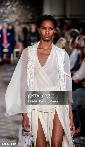 Model walks runway for the Dennis Basso Spring/Summer 2018 runway show during New York Fashion Week at Plaza Hotel - Grand Ballroom, Manhattan.