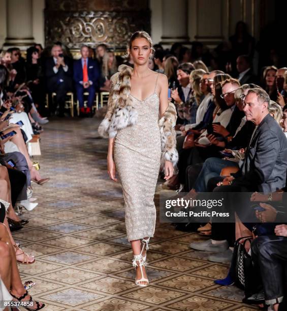 Model walks runway for the Dennis Basso Spring/Summer 2018 runway show during New York Fashion Week at Plaza Hotel - Grand Ballroom, Manhattan.