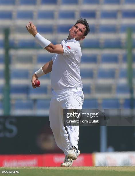 Yasir Shah of Pakistan bowls during Day Two of the First Test between Pakistan and Sri Lanka at Sheikh Zayed Stadium on September 29, 2017 in Abu...