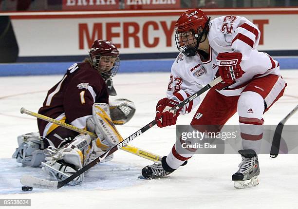 Hilary Knight of the Wisconsin Badgers gets the puck past Johanna Ellison of the Minnesota-Duluth Bulldogs to score a goal in the second period on...