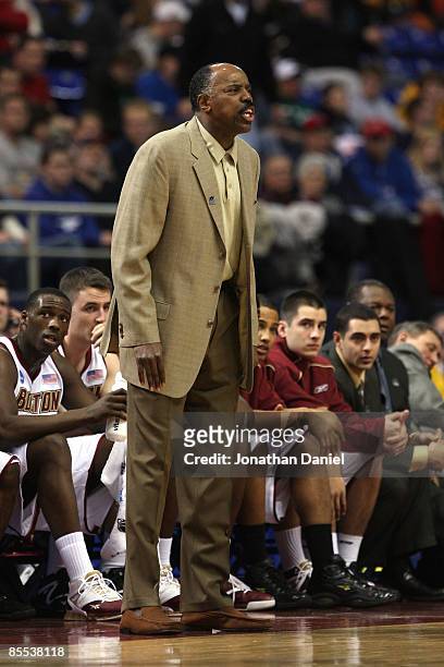 Head coach Al Skinner of the Boston College Eagles coaches against the USC Trojans during the first round of the NCAA Division I Men's Basketball...