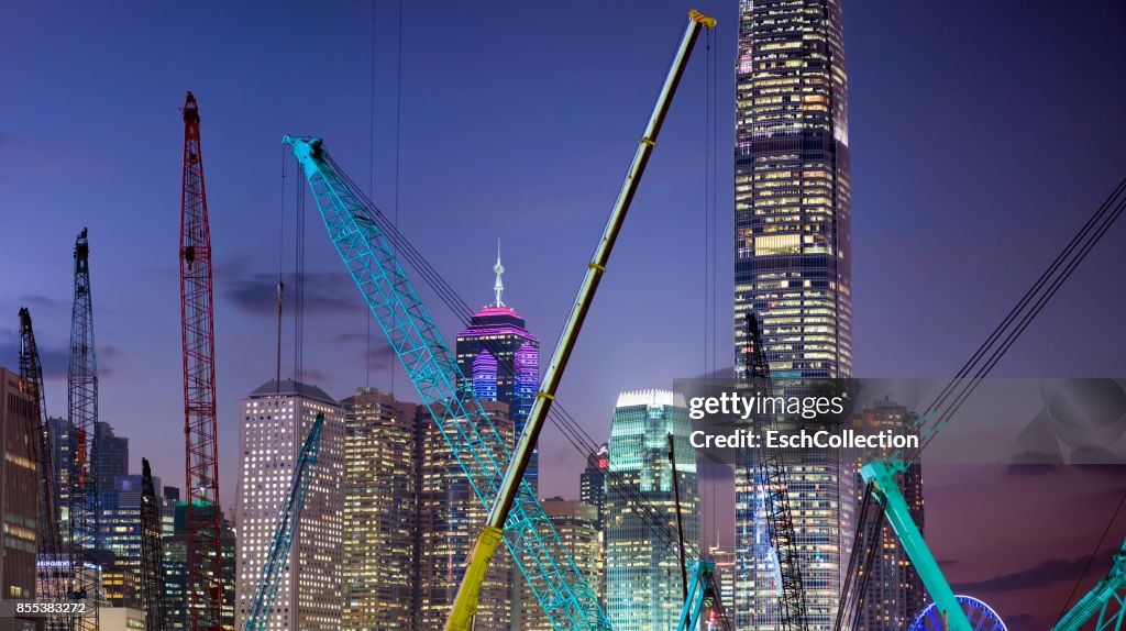 Large construction site in Hong Kong at dusk