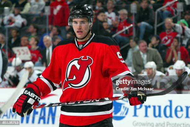 Zach Parise of the New Jersey Devils skates against the Chicago Blackhawks at the Prudential Center on March 17, 2009 in Newark, New Jersey. The...