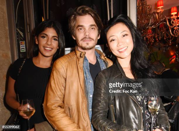 Presenter Donia Eden, actor Edouard Giard and Malika Lambert attend the "Apero Gouter" Cocktail Hosted by Le Grand Seigneur Magazine at Bistrot...