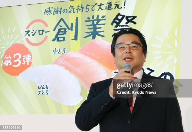 Koichi Mizutome, president of Japan's largest conveyor belt sushi chain Akindo Sushiro Co., discusses new business plans in Tokyo on June 6, 2017...