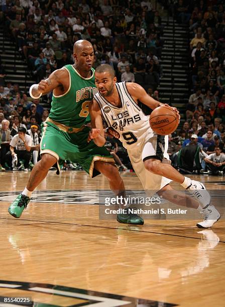 Tony Parker of the San Antonio Spurs drives against Stephon Marbury of the Boston Celtics on March 20, 2009 at the AT&T Center in San Antonio, Texas....