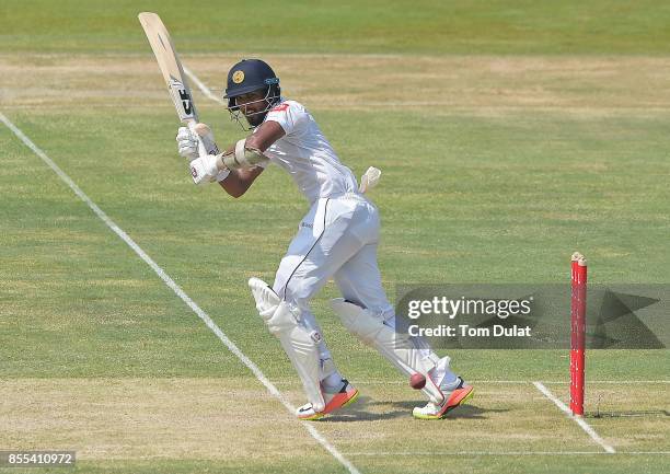 Dinesh Chandimal of Sri Lanka bats during Day Two of the First Test between Pakistan and Sri Lanka at Sheikh Zayed Stadium on September 29, 2017 in...