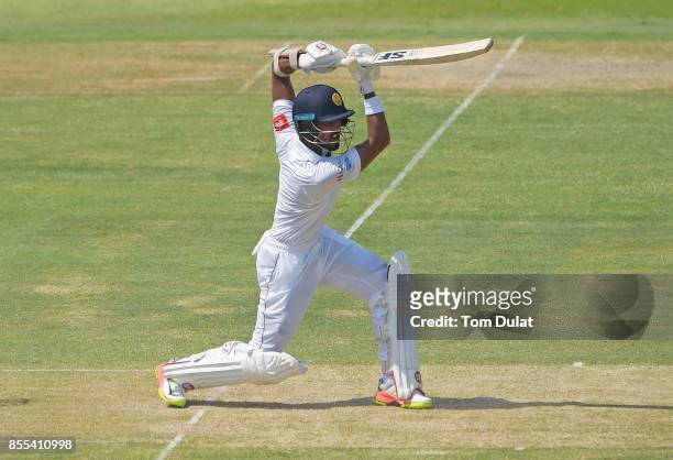 Dinesh Chandimal of Sri Lanka bats during Day Two of the First Test between Pakistan and Sri Lanka at Sheikh Zayed Stadium on September 29, 2017 in...