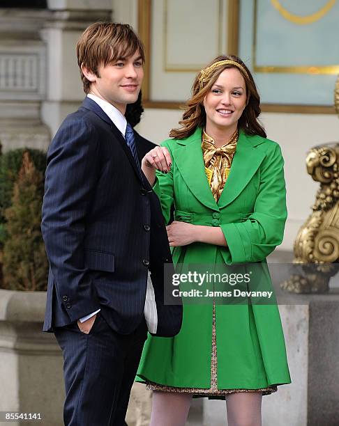 Actors Chace Crawford and Leighton Meester film on location for "Gossip Girl" on the streets of Manhattan on March 16, 2009 in New York City.
