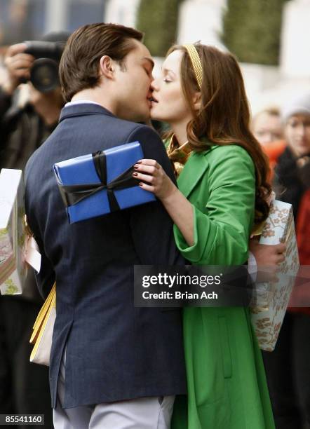 Actor Ed Westwick and actress Leighton Meester seen on the streets of Manhattan on March 16, 2009 in New York City.