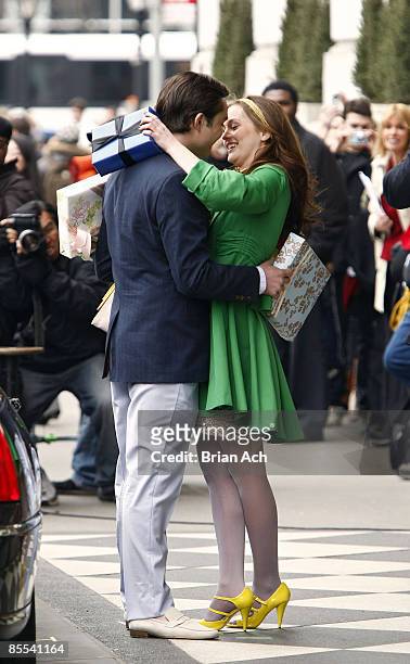 Actor Ed Westwick and actress Leighton Meester seen on the streets of Manhattan on March 16, 2009 in New York City.