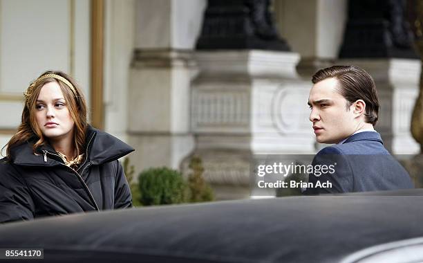 Actress Leighton Meester and actor Ed Westwick seen on the streets of Manhattan on March 16, 2009 in New York City.