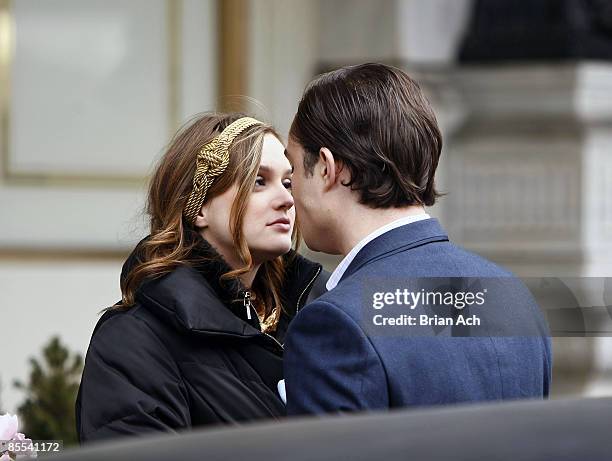Actress Leighton Meester and actor Ed Westwick seen on the streets of Manhattan on March 16, 2009 in New York City.