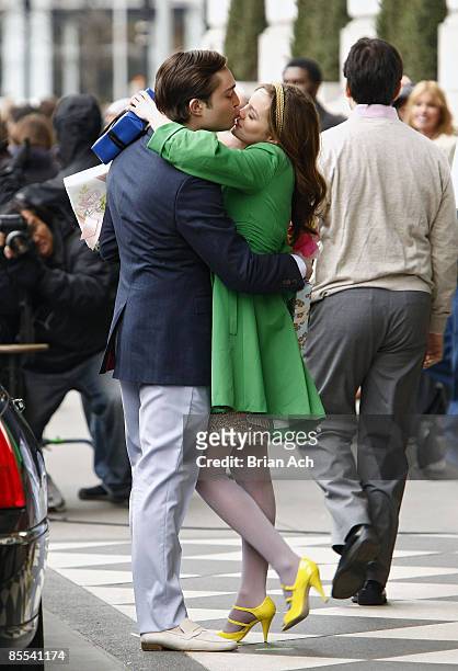 Actor Ed Westwick and actress Leighton Meester seen on the streets of Manhattan on March 16, 2009 in New York City.