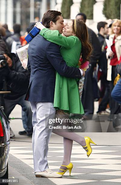 Actor Ed Westwick and actress Leighton Meester seen on the streets of Manhattan on March 16, 2009 in New York City.