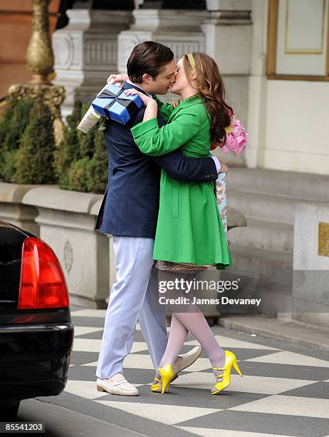 Ed Westwick and Leighton Meester films on location for "Gossip Girl" on the streets of Manhattan on March 16, 2009 in New York City.